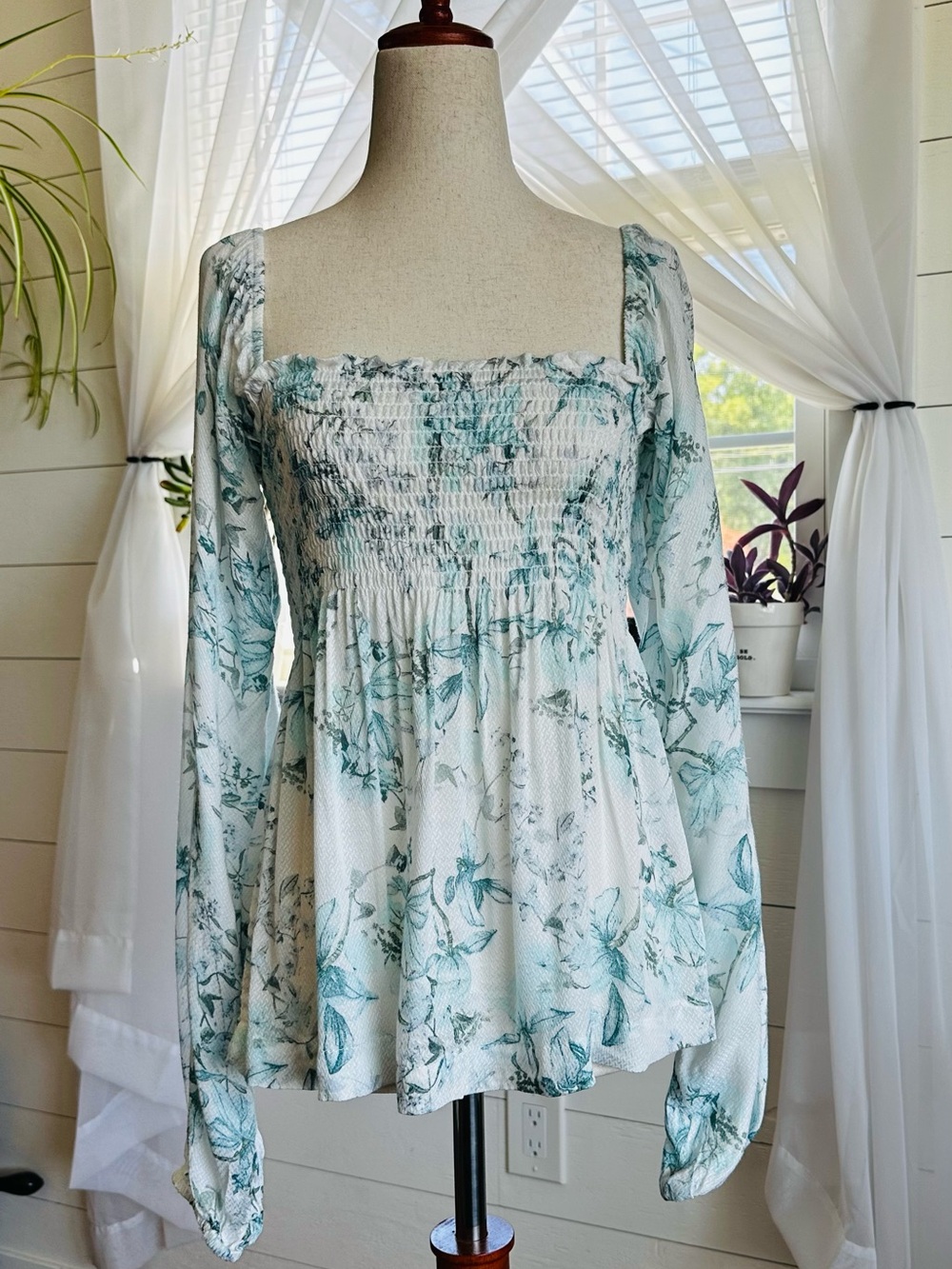 Lovestitch Smocked Floral Long Sleeve Blouse white and sage botanical floral
M